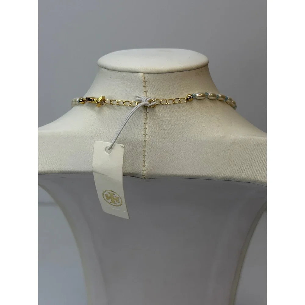 Tory Burch Miller Mixed-Materials Pearl and Multi-Stone Beaded Necklace Gold NWT